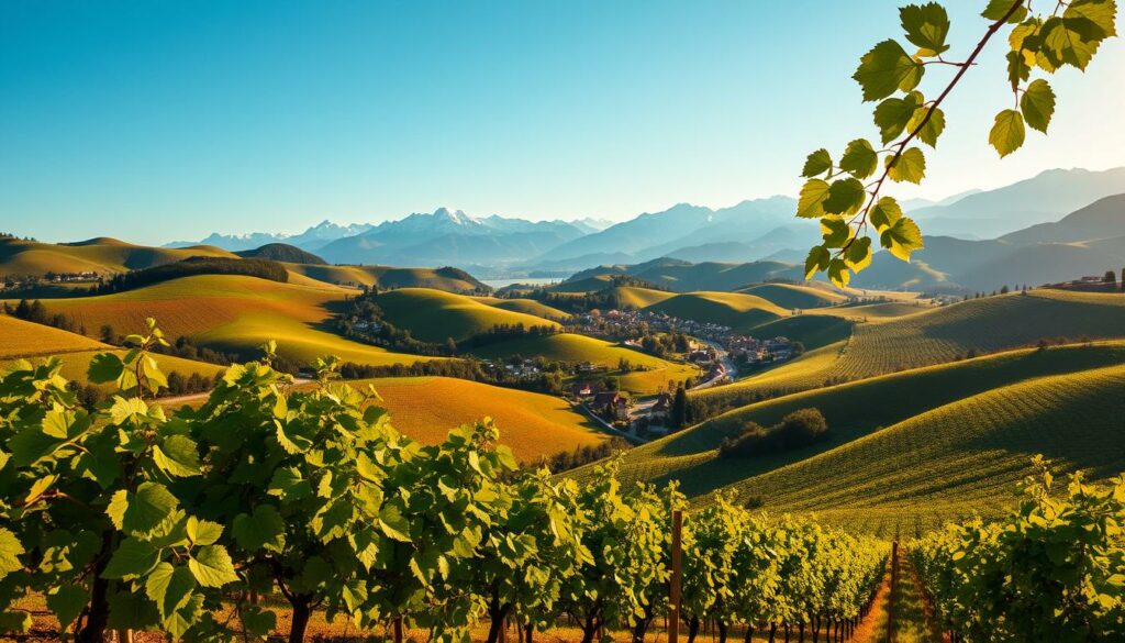 A verdant landscape of rolling hills and winding vineyards, bathed in the soft, golden light of the sun. In the foreground, lush grapevines sway gently, their vibrant leaves casting intricate shadows on the fertile soil. The middle ground reveals picturesque villages nestled between the slopes, their traditional architecture and quaint, cobblestone streets hinting at a rich, centuries-old winemaking heritage. In the distance, towering mountains rise majestically, their snow-capped peaks piercing the azure sky, a testament to the dramatic transformation of Europe's wine regions as the climate continues to evolve. This dynamic scene captures the essence of the new cool-climate wine regions, where the interplay of nature, history, and adaptation has created a thrilling new chapter in the story of European viticulture. A verdant landscape of rolling hills and winding vineyards, bathed in the soft, golden light of the sun. In the foreground, lush grapevines sway gently, their vibrant leaves casting intricate shadows on the fertile soil. The middle ground reveals picturesque villages nestled between the slopes, their traditional architecture and quaint, cobblestone streets hinting at a rich, centuries-old winemaking heritage. In the distance, towering mountains rise majestically, their snow-capped peaks piercing the azure sky, a testament to the dramatic transformation of Europe's wine regions as the climate continues to evolve. This dynamic scene captures the essence of the new cool-climate wine regions, where the interplay of nature, history, and adaptation has created a thrilling new chapter in the story of European viticulture.