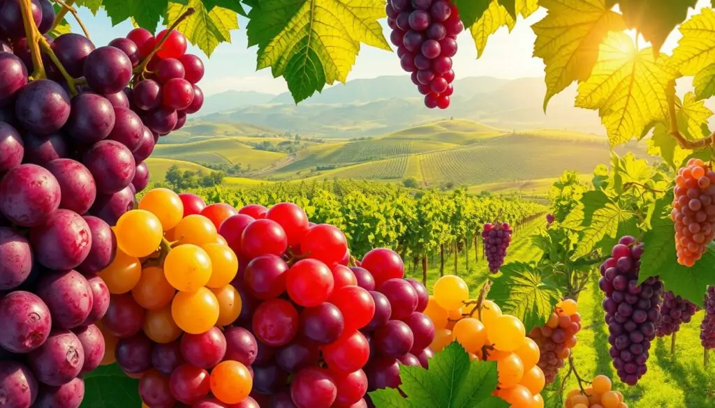 A vibrant illustration showcasing the diverse flavor profiles of Indian grape varieties. In the foreground, an assortment of plump, ripe grapes in shades of deep purple, golden yellow, and vivid crimson. Captured with a macro lens, the textured skins and juicy interiors are rendered in stunning detail. In the middle ground, a lush, verdant vineyard stretches out, the vines heavy with clusters of grapes. Sunlight filters through the leaves, casting a warm, golden glow over the scene. In the background, the rolling hills of the Nasik region rise up, their slopes dotted with more vineyards. A sense of tranquility and abundance pervades the image, capturing the essence of India's emerging wine country. A vibrant illustration showcasing the diverse flavor profiles of Indian grape varieties. In the foreground, an assortment of plump, ripe grapes in shades of deep purple, golden yellow, and vivid crimson. Captured with a macro lens, the textured skins and juicy interiors are rendered in stunning detail. In the middle ground, a lush, verdant vineyard stretches out, the vines heavy with clusters of grapes. Sunlight filters through the leaves, casting a warm, golden glow over the scene. In the background, the rolling hills of the Nasik region rise up, their slopes dotted with more vineyards. A sense of tranquility and abundance pervades the image, capturing the essence of India's emerging wine country.