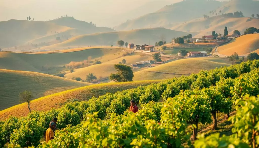 A vibrant rural Indian landscape, with rolling vineyards and orchards in the foreground. In the middle ground, workers tend to the grapevines, their colorful garments contrasting with the verdant foliage. In the distance, small villages and farmhouses dot the hilly terrain, bathed in warm, golden light. The scene conveys a sense of hard work, community, and the essential role of agriculture in the local economy and social fabric. The composition is balanced, with a sense of depth and movement, drawing the viewer into the scene. The overall mood is one of tranquility and prosperity, reflecting the economic and social importance of the Indian wine industry. A vibrant rural Indian landscape, with rolling vineyards and orchards in the foreground. In the middle ground, workers tend to the grapevines, their colorful garments contrasting with the verdant foliage. In the distance, small villages and farmhouses dot the hilly terrain, bathed in warm, golden light. The scene conveys a sense of hard work, community, and the essential role of agriculture in the local economy and social fabric. The composition is balanced, with a sense of depth and movement, drawing the viewer into the scene. The overall mood is one of tranquility and prosperity, reflecting the economic and social importance of the Indian wine industry.