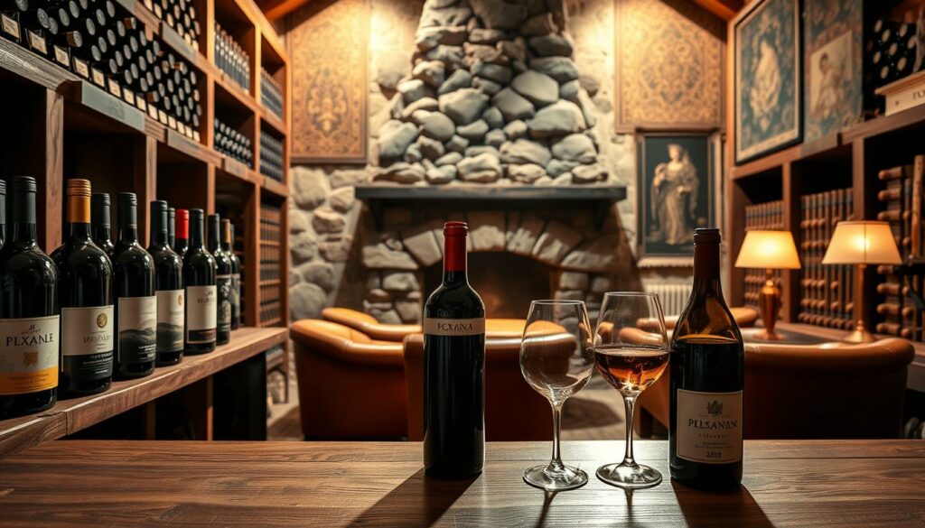 A well-curated selection of Peruvian wines showcased in a sophisticated German wine cellar. The foreground features an array of artisanal wine bottles with distinct Peruvian labels, arranged on rustic wooden shelves. The middle ground depicts a warm, softly lit tasting area with plush leather chairs and a polished oak tasting table, inviting guests to savor the flavors. In the background, a magnificent stone fireplace and ornate tapestries create an atmosphere of old-world elegance, complementing the Andean influence. Dramatic chiaroscuro lighting casts dramatic shadows, highlighting the textures and hues of the premium Peruvian vintages. The overall scene conveys a fusion of Peruvian terroir and German connoisseurship, inspiring oenophiles to discover the unique qualities of Ica valley wines. A well-curated selection of Peruvian wines showcased in a sophisticated German wine cellar. The foreground features an array of artisanal wine bottles with distinct Peruvian labels, arranged on rustic wooden shelves. The middle ground depicts a warm, softly lit tasting area with plush leather chairs and a polished oak tasting table, inviting guests to savor the flavors. In the background, a magnificent stone fireplace and ornate tapestries create an atmosphere of old-world elegance, complementing the Andean influence. Dramatic chiaroscuro lighting casts dramatic shadows, highlighting the textures and hues of the premium Peruvian vintages. The overall scene conveys a fusion of Peruvian terroir and German connoisseurship, inspiring oenophiles to discover the unique qualities of Ica valley wines.