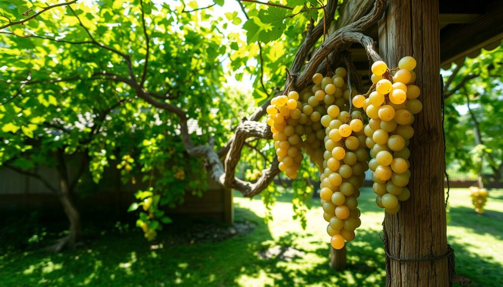An old, gnarled grapevine clings to a weathered wooden trellis, its twisting tendrils reaching skyward in a traditional Japanese garden. Dappled sunlight filters through the lush, emerald foliage, casting delicate patterns on the mossy ground below. The vines' heavy clusters of plump, translucent grapes in shades of amber and green suggest the unique Koshu varietal, a centuries-old Japanese specialty. A sense of timeless elegance and reverence for the land pervades the serene scene, hinting at the distinctive terroir and winemaking traditions that make Japanese wines so special. An old, gnarled grapevine clings to a weathered wooden trellis, its twisting tendrils reaching skyward in a traditional Japanese garden. Dappled sunlight filters through the lush, emerald foliage, casting delicate patterns on the mossy ground below. The vines' heavy clusters of plump, translucent grapes in shades of amber and green suggest the unique Koshu varietal, a centuries-old Japanese specialty. A sense of timeless elegance and reverence for the land pervades the serene scene, hinting at the distinctive terroir and winemaking traditions that make Japanese wines so special.