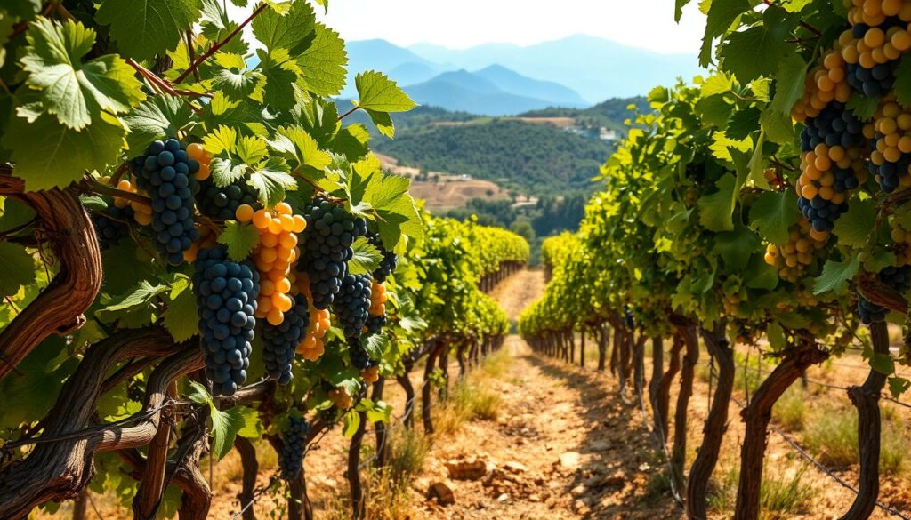 Lush, verdant vineyards stretch across the rolling hills of Mallorca, home to a diverse array of unique grape varieties. In the foreground, clusters of vibrant, sun-kissed grapes hang from gnarled vines, their hues ranging from deep indigo to luminous amber. The middle ground reveals the stony, terraced landscapes that imbue the island's wines with their distinctive character, while the distant peaks of the Tramuntana mountains loom majestically in the background. Soft, diffused lighting casts a warm, golden glow over the scene, capturing the essence of Mallorca's exceptional, terroir-driven wines. A sense of tranquility and timelessness permeates the image, inviting the viewer to appreciate the unique, artisanal nature of these island-grown treasures. Lush, verdant vineyards stretch across the rolling hills of Mallorca, home to a diverse array of unique grape varieties. In the foreground, clusters of vibrant, sun-kissed grapes hang from gnarled vines, their hues ranging from deep indigo to luminous amber. The middle ground reveals the stony, terraced landscapes that imbue the island's wines with their distinctive character, while the distant peaks of the Tramuntana mountains loom majestically in the background. Soft, diffused lighting casts a warm, golden glow over the scene, capturing the essence of Mallorca's exceptional, terroir-driven wines. A sense of tranquility and timelessness permeates the image, inviting the viewer to appreciate the unique, artisanal nature of these island-grown treasures.