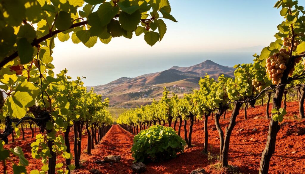 Vineyard landscapes of Gran Canaria and Tenerife, stretched across rugged, sun-drenched terraces overlooking the vast Atlantic. Dramatic ocean vistas frame rows of gnarled vines, their leaves and clusters catching the warm, golden light. In the foreground, lush green foliage contrasts with the rich, reddish-brown soil. The middle ground reveals undulating hills, dotted with scattered dwellings, as the background fades into distant, hazy mountains. A serene, contemplative atmosphere pervades, inviting the viewer to explore the unique viticulture of these Canary Islands. Vineyard landscapes of Gran Canaria and Tenerife, stretched across rugged, sun-drenched terraces overlooking the vast Atlantic. Dramatic ocean vistas frame rows of gnarled vines, their leaves and clusters catching the warm, golden light. In the foreground, lush green foliage contrasts with the rich, reddish-brown soil. The middle ground reveals undulating hills, dotted with scattered dwellings, as the background fades into distant, hazy mountains. A serene, contemplative atmosphere pervades, inviting the viewer to explore the unique viticulture of these Canary Islands.